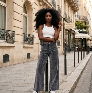 High-Rise Holiday Flocked Sailor Wide Leg Ankle Jeans - Gray 16